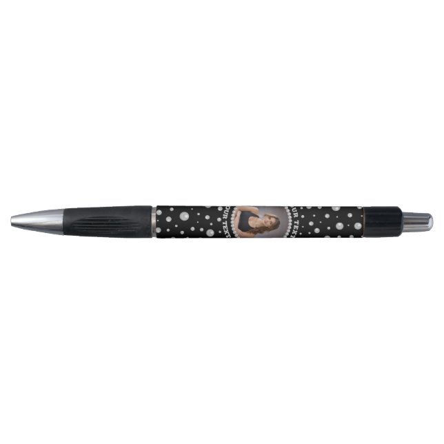 Caneta Foto Personalizada com Círculo de Pérolas em Preto (Frente)