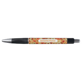 Caneta Groovy Retro Orange Hippie Flowers Nome Personaliz