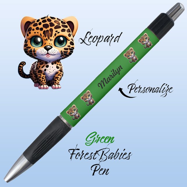 Caneta Leopardo, Gatinho Branco Único e Bonito Verde Gati (Cute Whimsical Leopard Cartoon Graphic, Green Customizable ForestBabies Pen 🐆)