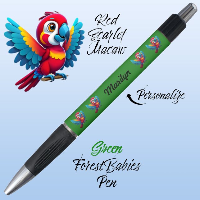 Caneta Macaw Parrot, Pássaro Tropical Safari Animal 🦜 Ve (Cute Whimsical Tropical Macaw Parrot Bird Cartoon Graphic, Green Customizable ForestBabies Pen 🐦🌴)