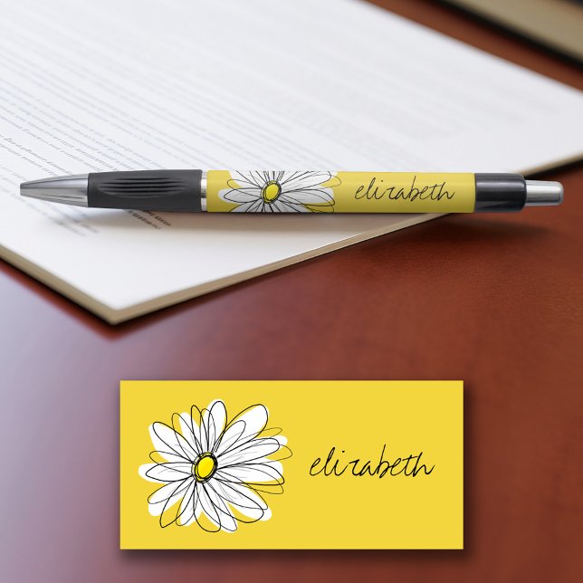 Caneta Margarida Branca e Amarela com Texto Personalizado (Personalized writing pens - add your name or other text)
