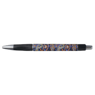 Caneta Marinha Vibrante e Laranja Padrão Boêmio Paisley