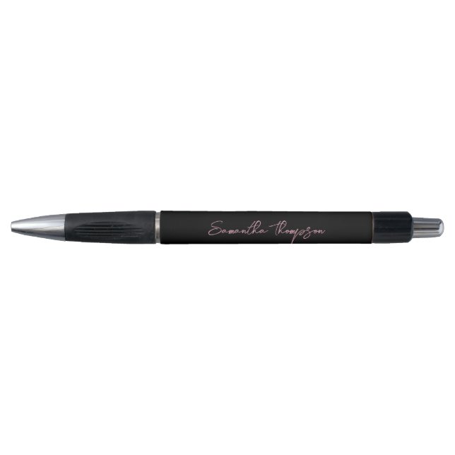 Caneta Moderno Chic Rosa Preto Minimalista Script (Frente)