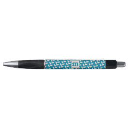Caneta Monograma de padrão de folha retrô azul 70s