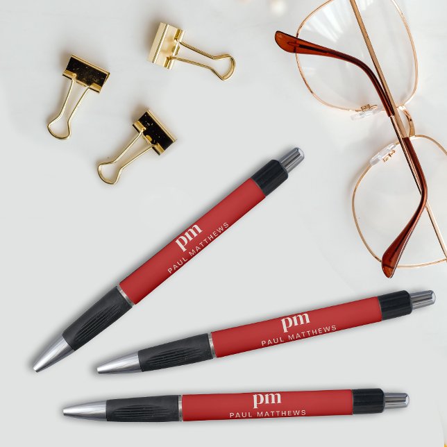 Caneta Monograma e Nome Profissional Moderno Simples Verm (Personalize with your initials and name.)