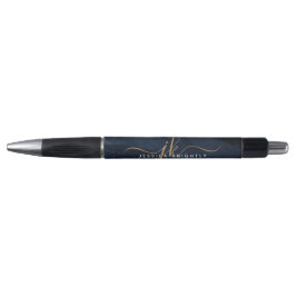 Caneta Monograma em Script Dourado com Ágata Azul Marinho