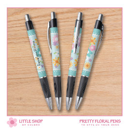 Caneta Monograma Floral Azul Branco