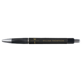 Caneta Monograma Moderno Preto Elegante Dourado