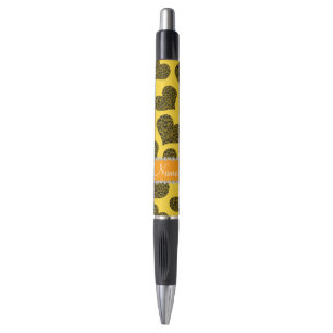 Caneta Nome personalizado corações-leopardo amarelo