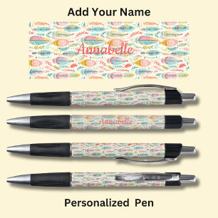 Caneta Nome Personalizado, Penas de Aqua Boho Rosa