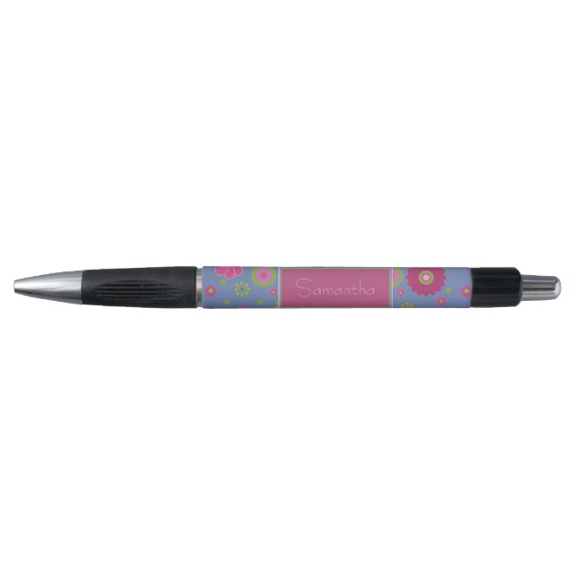 Caneta Padrão de Flor Azul e Rosa Snazzy Personalizado (Frente)