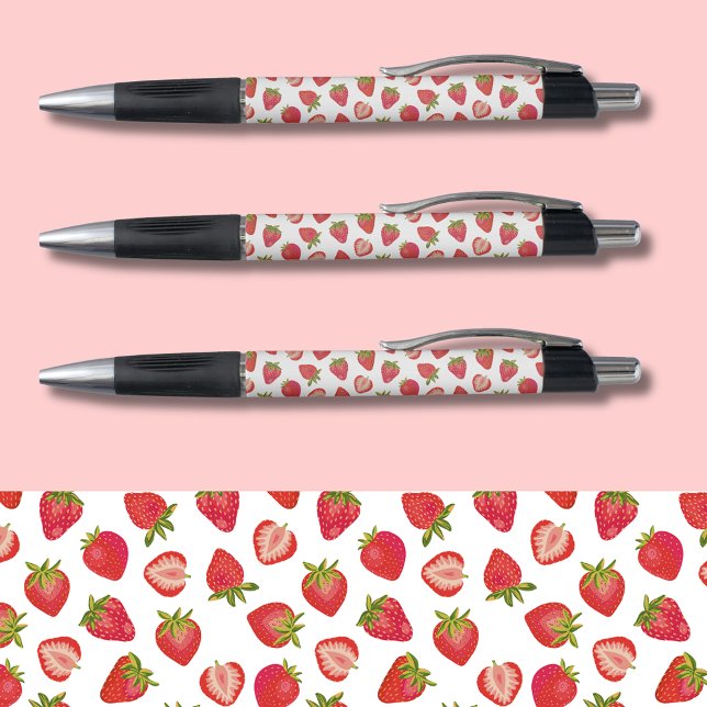 Caneta Padrão de morango (Strawberry pens; perfect for office, school or party favors. Original art illustration.)