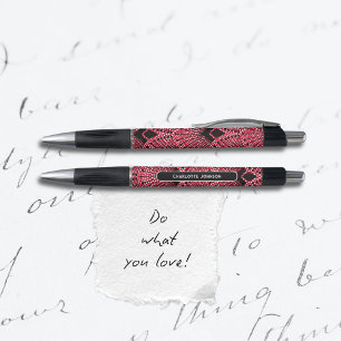 Caneta Padrão de Pavão Branco Preto Vermelho de Arte Eleg