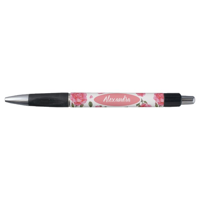 Caneta Padrão Floral Botânico Rosa Cor-de-Água (Frente)
