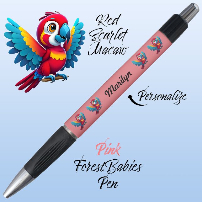 Caneta Papagaio-Macaw, Pássaro Tropical Safari Animal Ros (Cute Whimsical Tropical Macaw Parrot Bird Cartoon Graphic, Pink Customizable ForestBabies Pen 🐦🌴)
