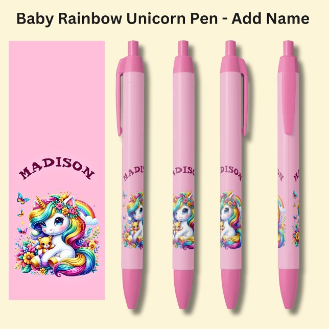 Caneta Preta Adicionar nome, Baby Rainbow Unicorn a rosa (Criador carregado)