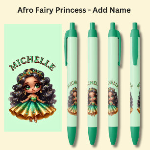 Caneta Preta Adicione nome, Afro Fairy Princess com Joias em Ve