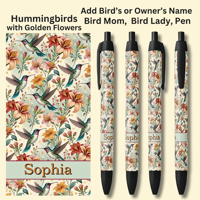 Caneta Preta Adicione nome, Hummingbird com Flores de Ouro (Criador carregado)