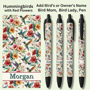Caneta Preta Adicione nome, Hummingbird com Flores Vermelhas