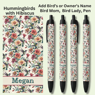 Caneta Preta Adicione o nome, "Hummingbird" com Flores de Hibis