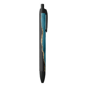 Caneta Preta Ágata Bola Azul Glamourosa Brilhos Dourados Pretos