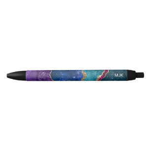 Caneta Preta Ágata de Monograma Azul Roxo Água Veias Douradas