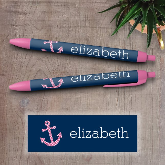 Caneta Preta Âncora de Bolinhas rosa-claro com nome personaliza (Custom Pen - Personalize this writing pen with your name, monogram or other text)