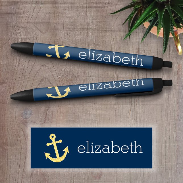 Caneta Preta Âncora Náutica com Padrão de Cevão Amarelo Marinho (Personalized Writing Pens)