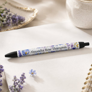 Caneta Preta Aquarela de Flor Silvestre Roxa Azul Personalizada