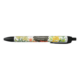 Caneta Preta Aquarela Flores Amarelas Laranjas de Primavera