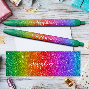 Caneta Preta Arco-íris Colorido Brilho Nome Personalizado