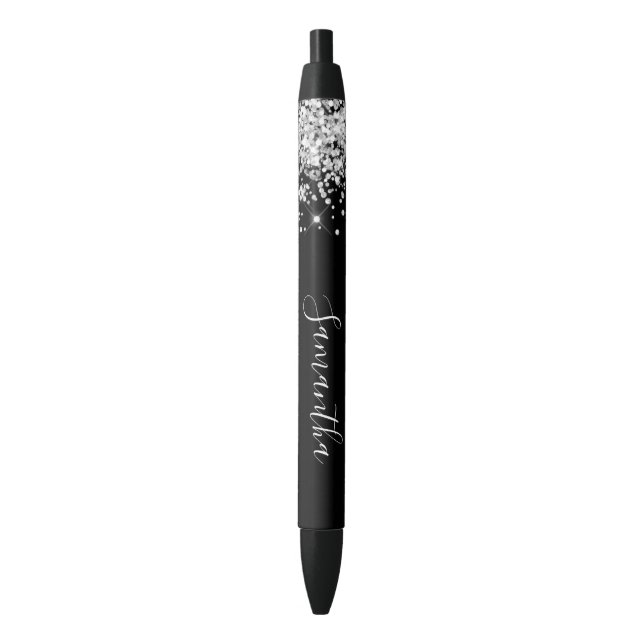 Caneta Preta Assinatura Feminina Brilhante Prata Brilhante (Frente Vertical)