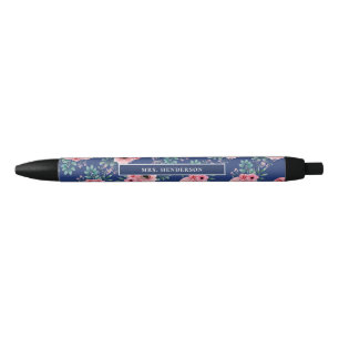 Caneta Preta Azul marinho  Chic Watercolor Floral Personalizado