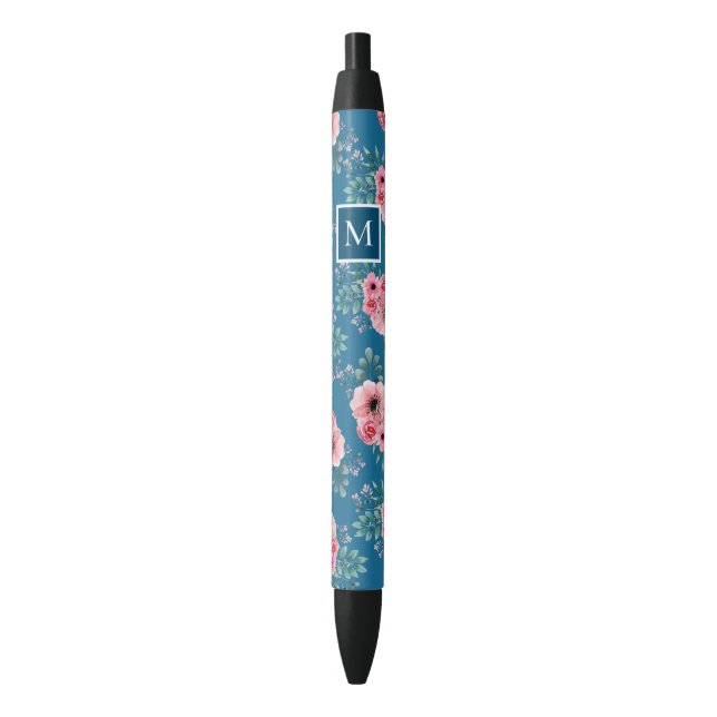 Caneta Preta Azul Oceano | Quic Watercolor Monograma Floral (Frente Vertical)