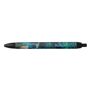 Caneta Preta Azul pavão & verde moderno nome personalizado eleg