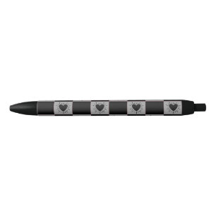 Caneta Preta Azulejo Xadrez Preto e Cinza Com Padrão de Coraçõe