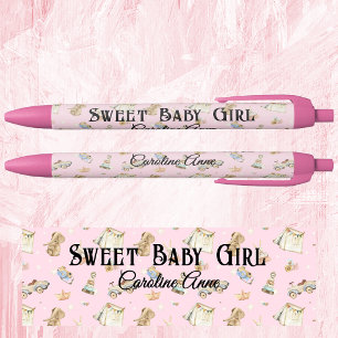 Caneta Preta Bebê Menina Doce Rosa, Nome, Tinta Preta