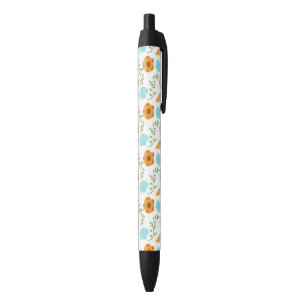Caneta Preta Blue Seashells Sea Snail Orange Flower
