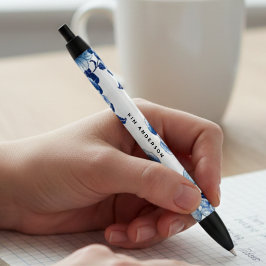 Caneta Preta Blue White Floral Pen with Customizable Name