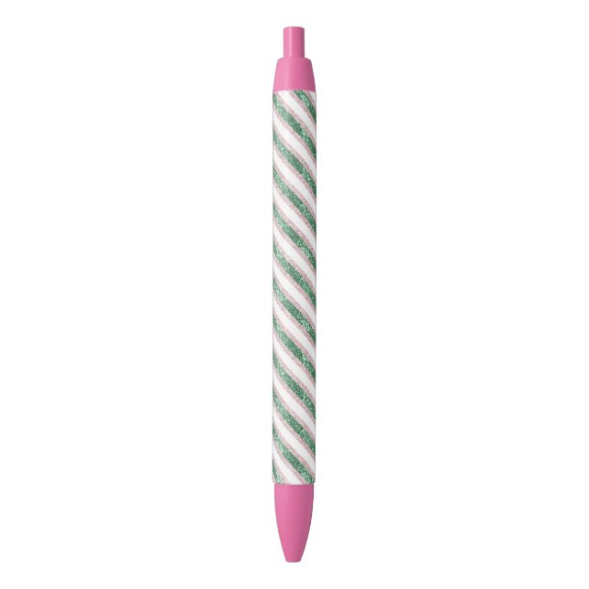 Caneta Preta Blush Pink Green Glitter Stripes Christmas   (Frente Vertical)