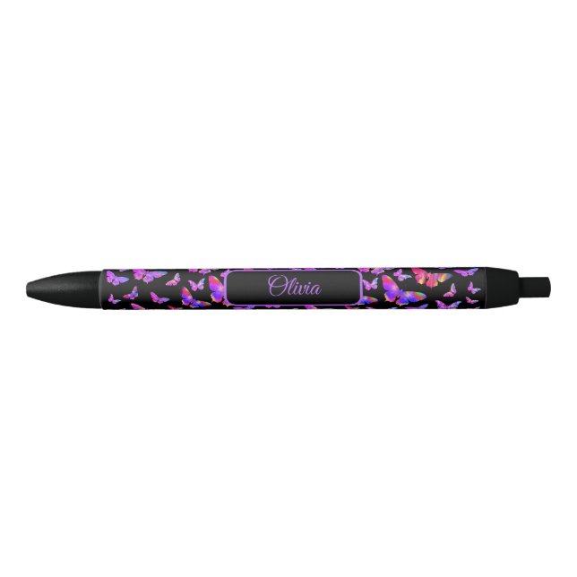 Caneta Preta Bonito padrão de borboleta Purple Personalizado (Frente)