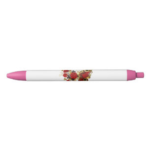 Caneta Preta Borboleta de flor vermelha com rosas vermelhas