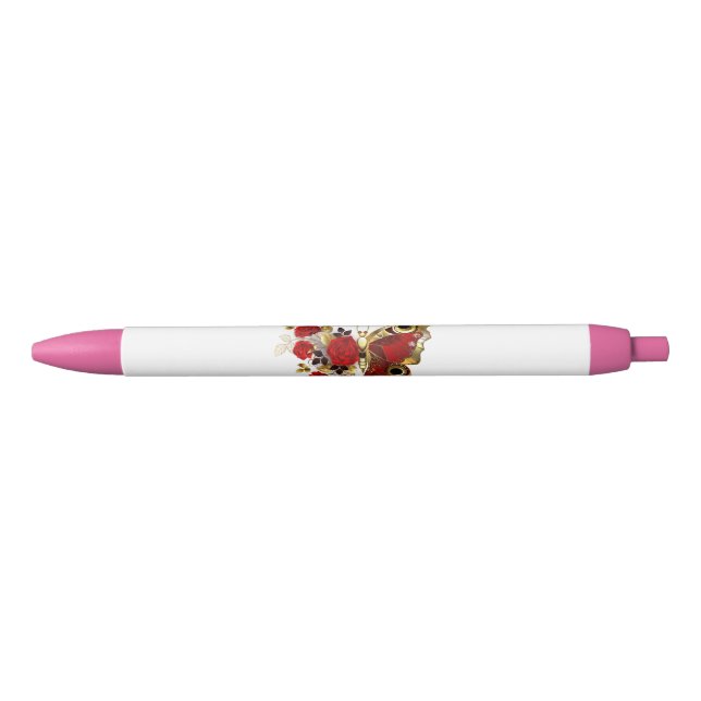 Caneta Preta Borboleta de flor vermelha com rosas vermelhas (Frente)