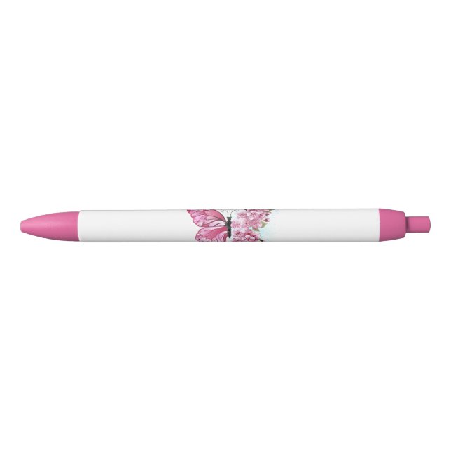 Caneta Preta Borboleta Flor com Sakura Rosa (Frente)
