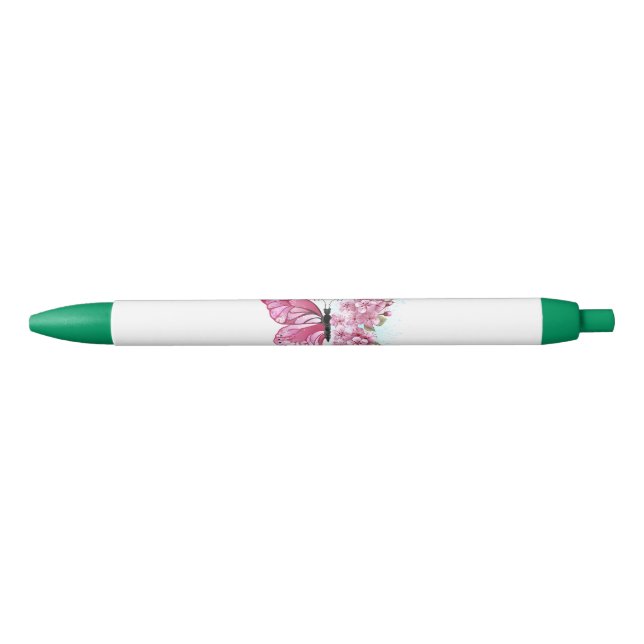 Caneta Preta Borboleta Flor com Sakura Rosa (Frente)