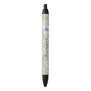 Caneta Preta Borboleta Lavanda com Purpurina Verde Pistácio
