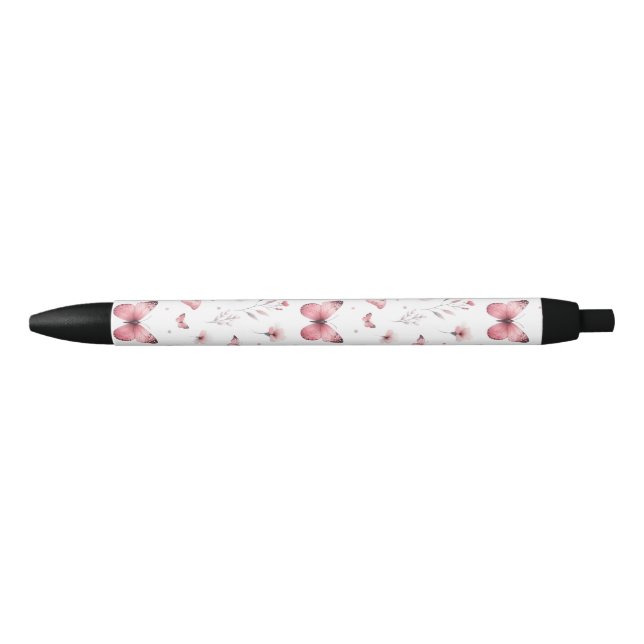 Caneta Preta Borboletas Cor-de-Rosa (Frente)