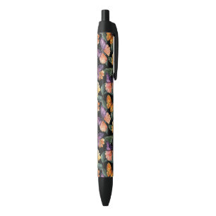 Caneta Preta Borboletas Rosa Roxo Flores Amarelas