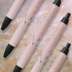 Caneta Preta Brilho Rosa Glitter Gotas Monograma Feminino Scrip