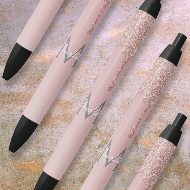 Caneta Preta Brilho Rosa Glitter Gotejamento Monograma Script F (Blush Pink Glitter Drips Monogram Girly Script Pen)